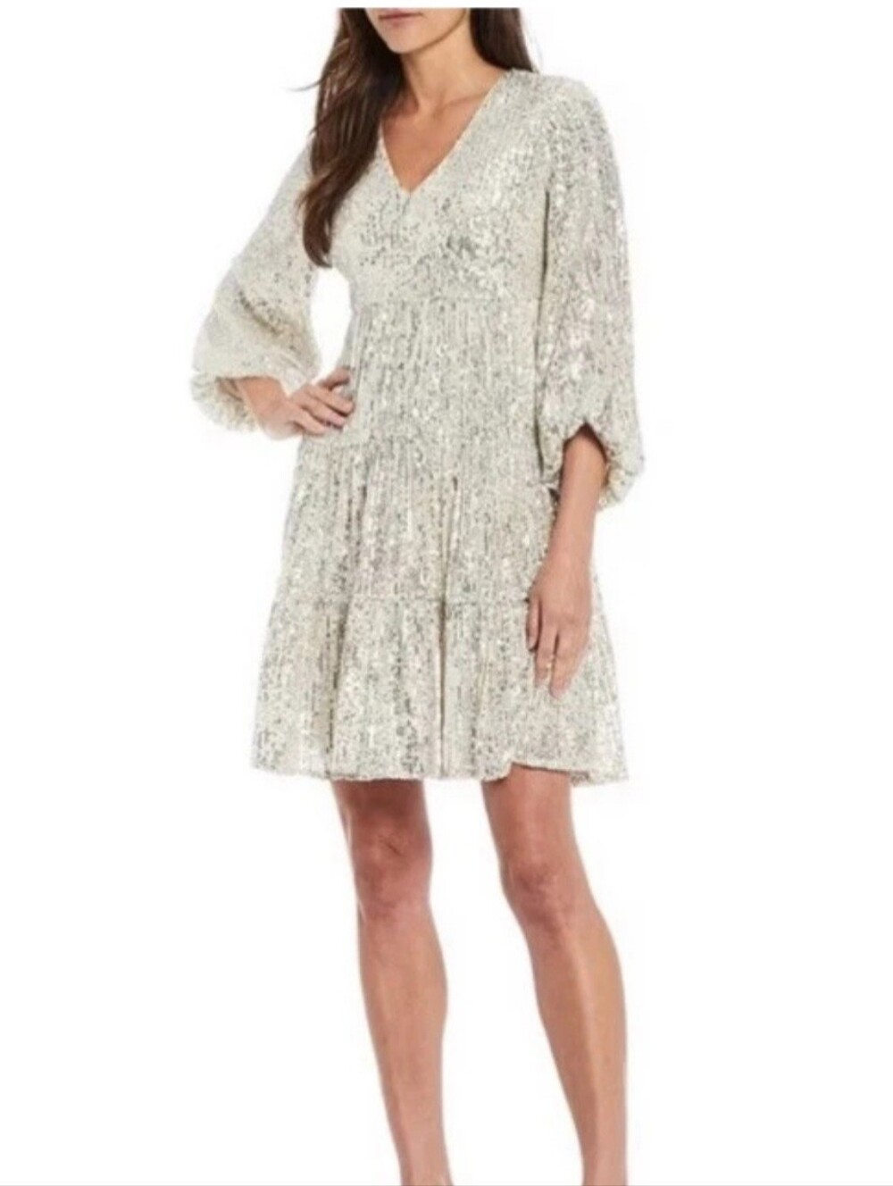 Eliza J Cream And Silver Sequined Tiered Fit And Flare Midi Dress